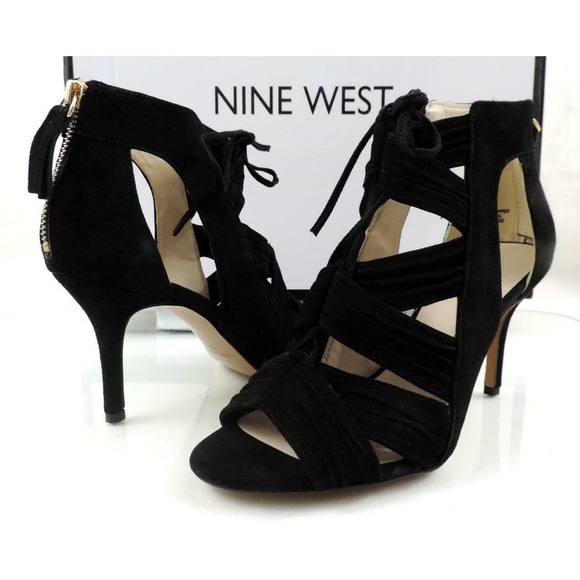 Nine West GALAXY Peep-Toe Lace-up Mid Heel Sandals Back Zip Suede Black Size 7.5 - Picture 2 of 8